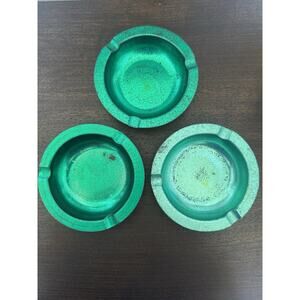 Vintage Set of 3 Aluminum Ashtrays Green 3 Butt Rests Oxidation Stains MCM VTG